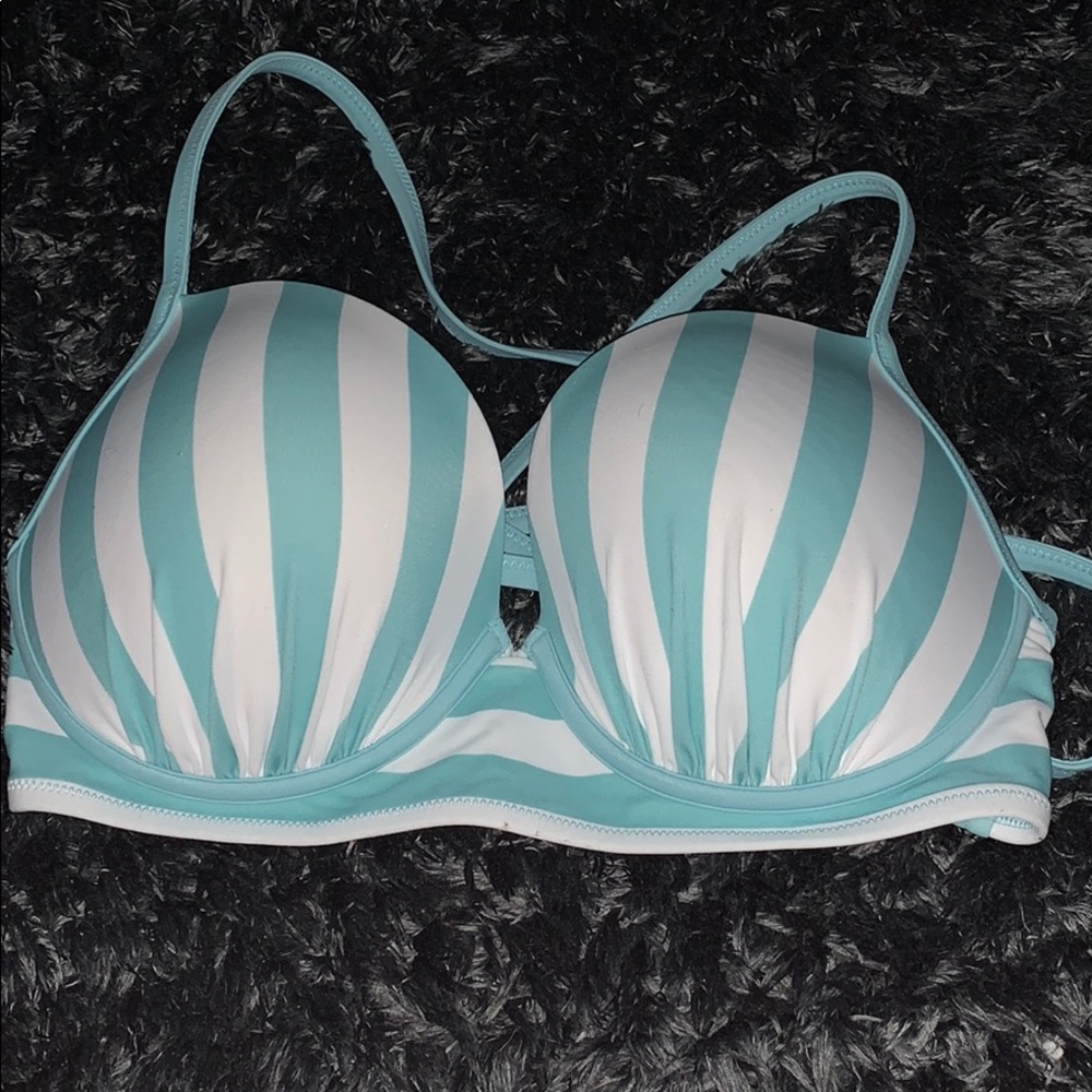 It’s a blue and white striped bathing suit top